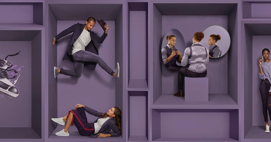 Conceptual fashion shot featuring four individuals in separate square frame boxes, one posing with a hat, one looking in a mirror, one using cell phone, one lying down.